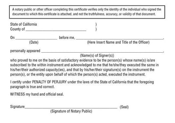 California Acknowledgement Notarial Certificate